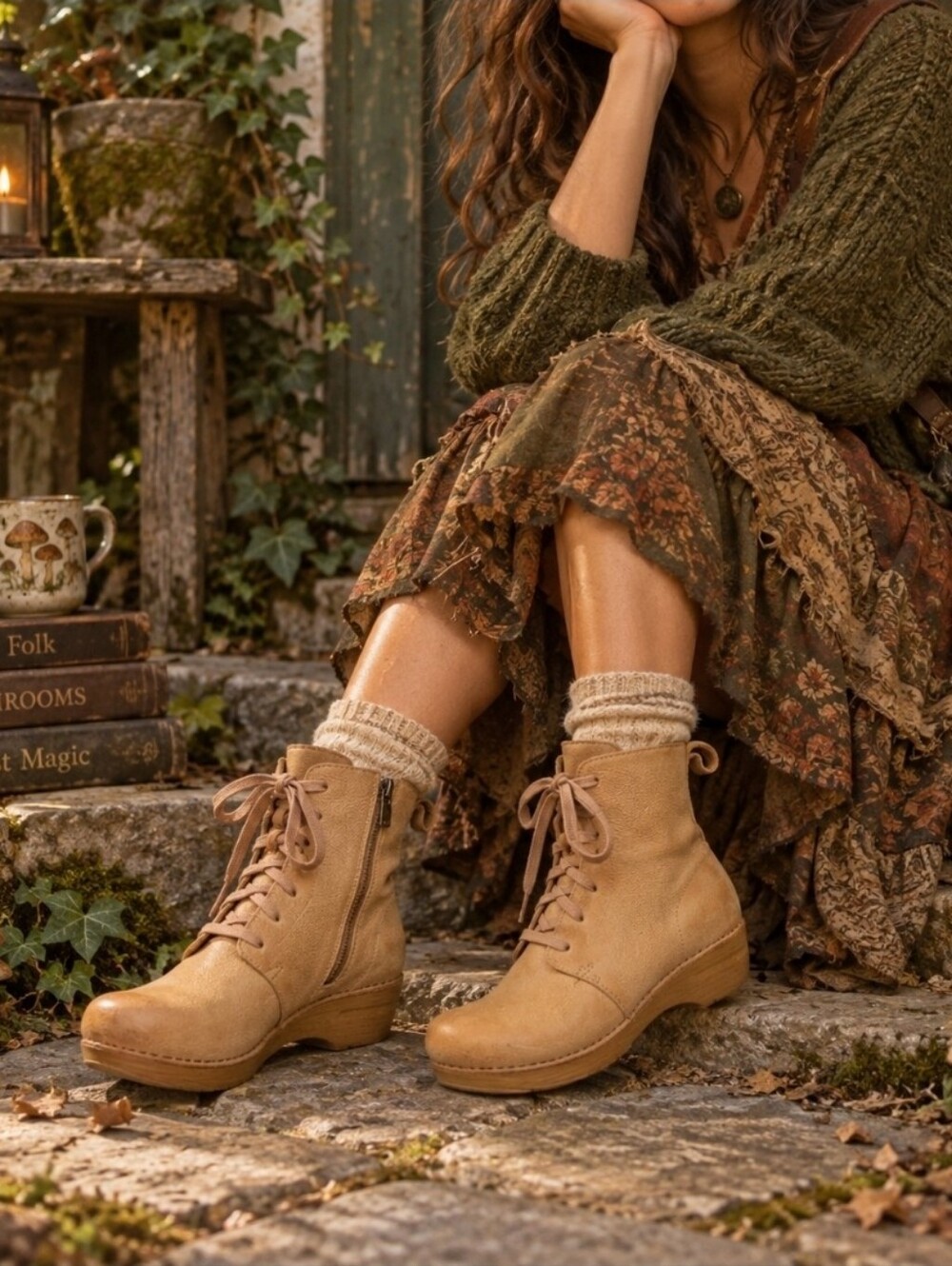 Dansko Tan Sigourney Lace-Up Leather Goblincore Earthy Boots Size 7.5- 8